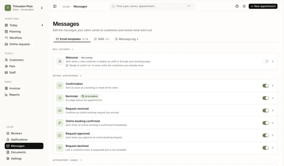 Automatic customer messages in Trim Slimmer: templates for confirmation, reminder and pickup note