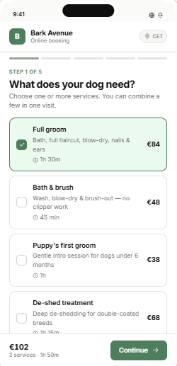 A grooming salon's online booking page in Trim Slimmer: customer picks services on a phone